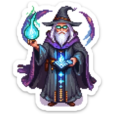 powerful wizard coding on a glowing magical keyboard, no laptop, mystical aura surrounding him, confident expression, looks like the ultimate boss of coding, wearing impressive dark robe sticker