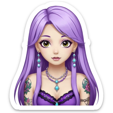 hime gyaru girl, long straight white and purple hair, tattoos, dark makeup,  sticker