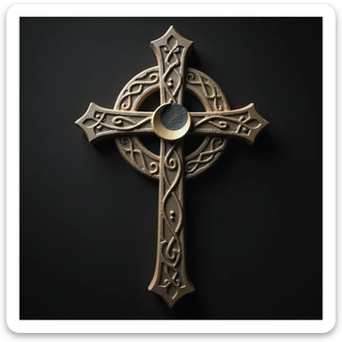 realistic gothic cross, with a crescent moon, photorealistic style sticker
