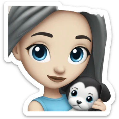 white Girl with black hair and blue eyes playing with plushy sticker