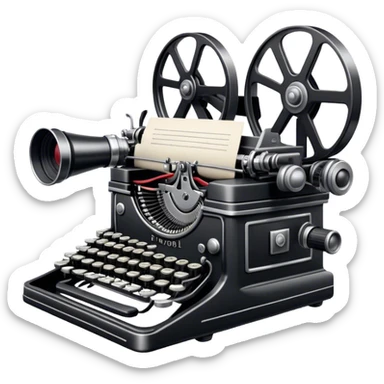 Create an emoji representing screenwriting. The design should feature an open script with visible dialogue and action lines, symbolizing the writing of a screenplay. Add a movie camera next to the script to emphasize the cinematic aspect of screenwriting. Include a classic typewriter to signify the process of creating a script. Use a professional color palette with black, white, and subtle metallic tones. Do not include any emojis or smiley faces. Make the background transparent. sticker