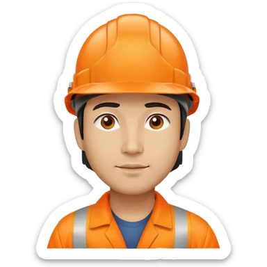 Man of Chinese appearance wearing an orange safety helmet sticker