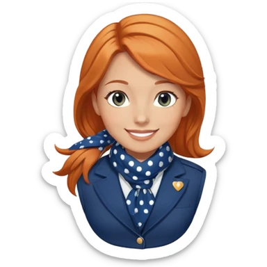 A stewardess with russet hair and grey eyes smiling. She is wearing a dark blue jacket. Under the jacket she is wearing a blue waistcoat. She is wearing a blue scarf with white polka dots around her neck. sticker