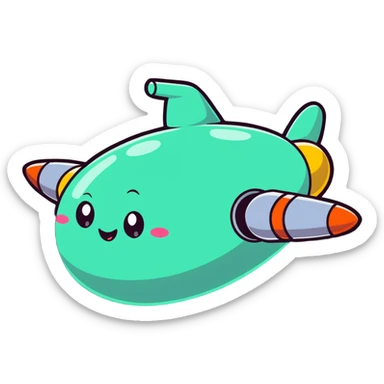 Cartoon spaceship with a bulging round middle section resembling a pregnant belly, cute face on the front sticker