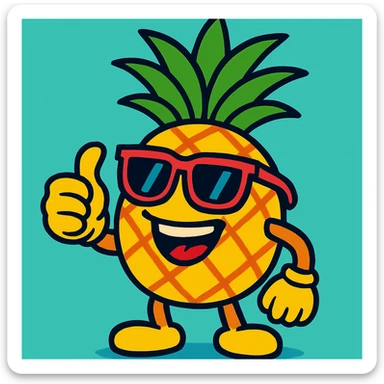 cartoon pineapple wearing sunglasses, smiling, giving a thumbs up sticker