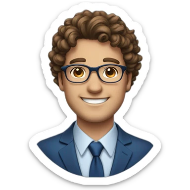 Young big Business man with brown curly hair, sidecut and round Glasses, smiling, european, blue suit, without tie sticker