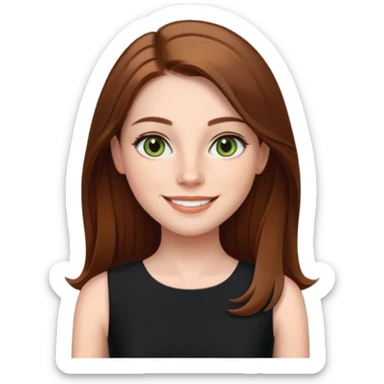 confident CEO named Freya McOmish, smiling, hazel green eyes, straight long hair parted in the middle, subtle freckles, broad shoulders, wearing a black evening dress sticker