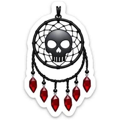 Blood-red, bloody, obsidian-black, edgy, dream catcher, red gemstones, black wires, black threads, tiny white skull, sticker