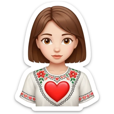 beautiful young girl with brown hair wearing a white Ukrainian embroidered shirt with a big heart design sticker