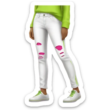 Realistic isolated side view of a pair of white jegging pants with lime green and hot pink distressed brushed colors on them. sticker
