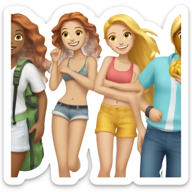 6 girls, 1 brunette, 3 long hair blondes, 1 redhead and 1 short hair blonde all vacation sticker