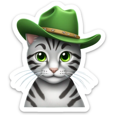 A silver tabby cat With green wearing a cow boy hat sticker