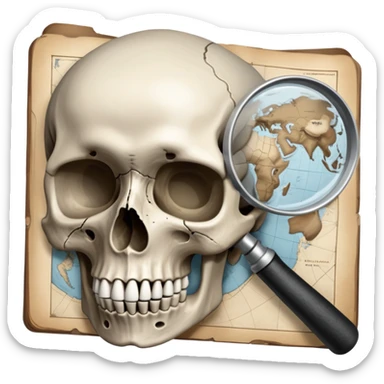 An icon featuring a human skull and fossils, representing anthropology. The design includes a magnifying glass and a map of ancient human migration paths, symbolizing the study of human evolution and cultures. Transparent background highlights the scientific exploration of humanity’s past. sticker