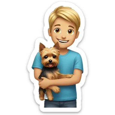 smiling boy with yorkie dog indoors sticker