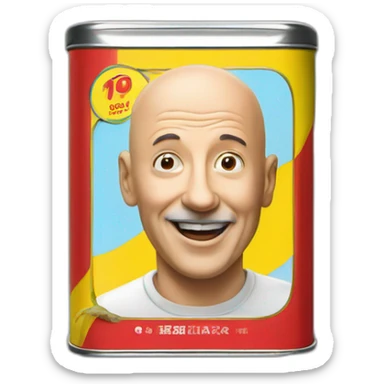 rectangular tin of anchovies with a photo of a bald man on the side, red blue yello colors sticker