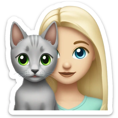 blue eyes grey kitten and green eyes blonde girl are friends sticker