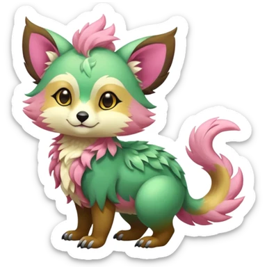 Colorful brown with rose pink, yellow-beige-cream, jade-green tropical exotic shiny beautiful fantasy-Vernid-Cacomistle-animal-Fakémon-hybrid-fursona (full body) sticker