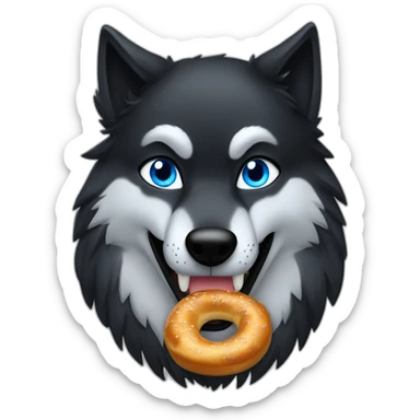 a full black wolf with blue eyes eating a bretzel sticker