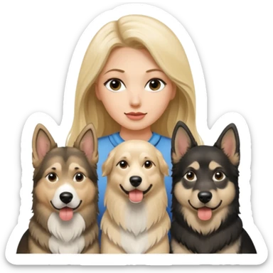 a lady, blonde long hair with 2 german shepards and one black and white alaskan malanute sticker