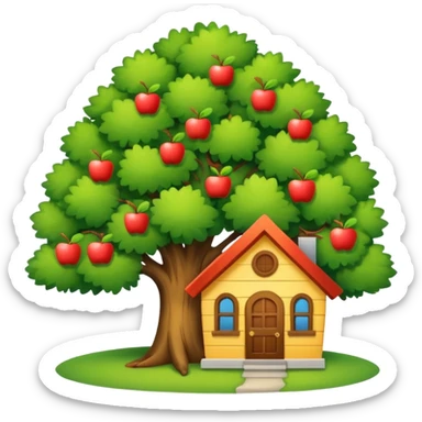 a home with a tree, cheerful vibe, apple style emoji sticker