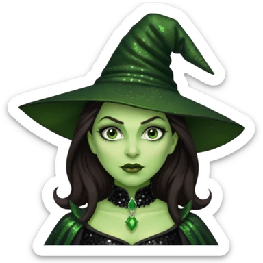 The Wicked Witch from Oz with long dark brown hair, black sequin outfit, green skin sticker