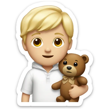 A little white boy with blond hair, in brown pajamas with a teddy bear in his hands sticker