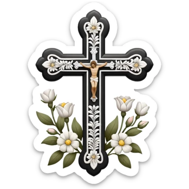 a black and white detailed cross with flowers over lapping sticker
