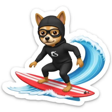 A dog with a black hoodie and a ski mask surfing sticker