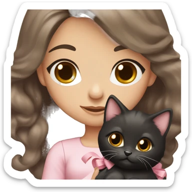 olive-toned brunette with long wavy dark brown hair and brown eyes, wearing a light pink hair bow. She is holding a black kitten that also has a matching pink bow sticker