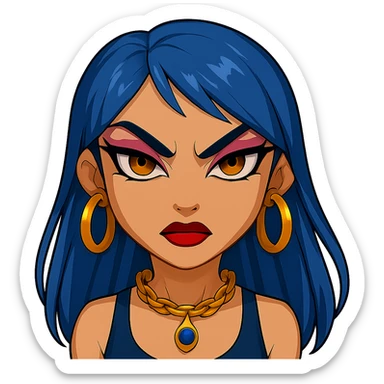 Make her eyes much scarier while keeping a nice and cute look, gyaru style, blue hair, pretty makeup, bratz baddie vibe, emoji style, with no background. sticker