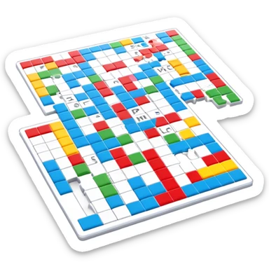 A photorealistic icon with a crossword magazine, a 3D puzzle and a partially completed puzzle on a table. Bright, detailed design with realistic lighting. Transparent background, clearly symbolizing puzzles and brain games. sticker