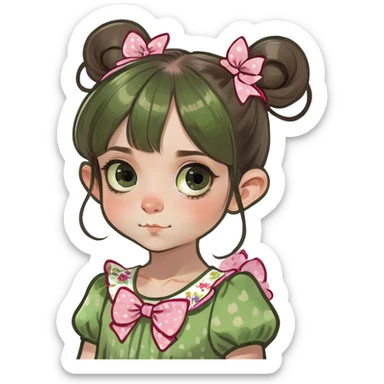 Sweet girl with piggy tales, brown hair big eyes, small pointed nose small mouth  sticker