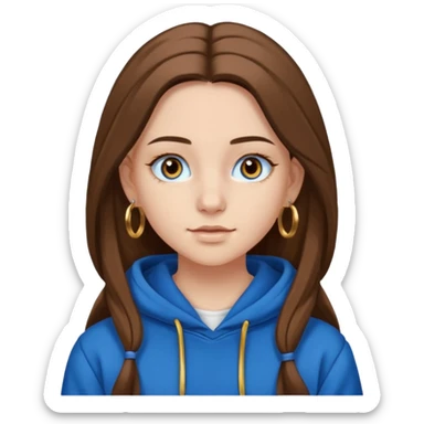 teen girl, white skin, long brown hair middle parted, brown eyes, blue hoodie eyelashes and gold earrings sticker