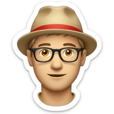 European guy with a beige hat - a red polo and glasses sticker