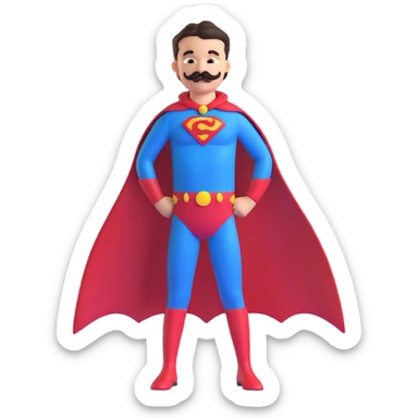 kid superhero with handlebar mustache, mustache-themed costume, young sidekick sticker