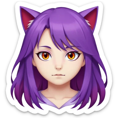 anime, adult neko, purple hair, left purple eye, left red eye, long hair, full screen face sticker