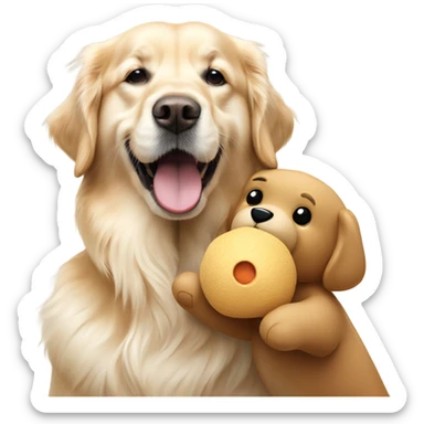 English cream golden retriever holding bear toy in mouth sticker