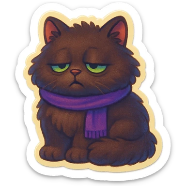 Fluffy sleepy tired dopey cute dark-brown cat with green eyes and a purple scarf  sticker