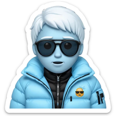 frozen ice face emoji wearing puffer jacket and cool blacked out shades, rap style underground aesthetic sticker