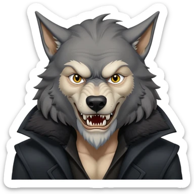 Fenrir Greyback in harry potter, black open chest coat, wolf face, pointed ear, bared teeth sticker