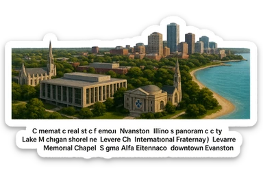 cinematic realistic emoji of Evanston, Illinois panoramic cityscape with Northwestern University campus central and prominent, Lake Michigan shoreline, Sigma Chi International Fraternity Headquarters, Levere Memorial Chapel (Sigma Alpha Epsilon HQ), and downtown Evanston, lifelike detail, accurate colors, bright daylight, no sky, no clouds sticker