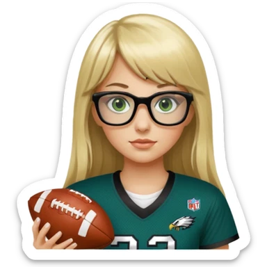 long blonde hair with bangs black rectangle glasses female green eyes football player wearing eagles jersey number 33 holding football sticker