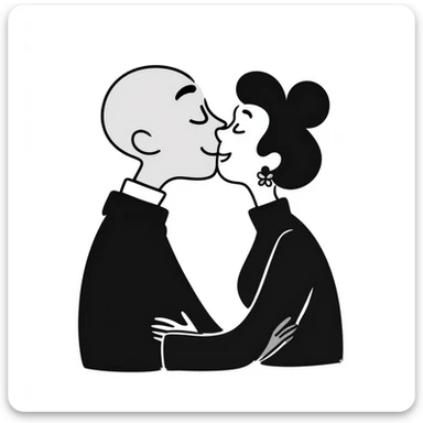 black bald man kissing white woman with short dark hair, hand drawn doodle style sticker