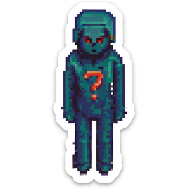 pixel art of shadowy figure with question mark over face, retro 8-bit style, evoking 'Don't Trust Anyone' sticker