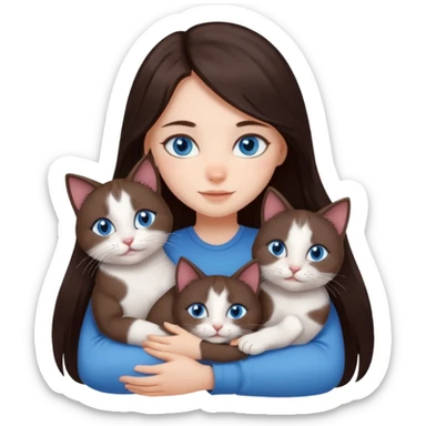 a girl with long dark 
brown hair, with blue eyes, hugs 3 different natural coloured cats sticker