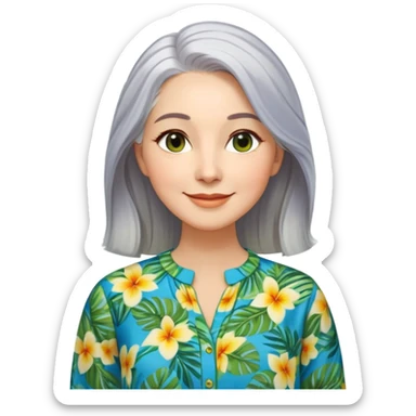 A woman with light complexion, an oval face with soft rounded features, full cheeks, gentle almond-shaped eyes with subtle smile lines, very long silver-gray hair parted to the side and styled loosely, wearing a vibrant tropical print blouse in blue, green, and yellow, exuding warmth and joy sticker