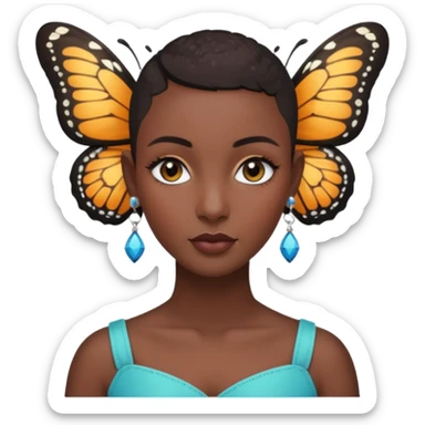 Lady with black buzz cut hair and lashes wearing 4 earrings with butterfly standing on her sticker