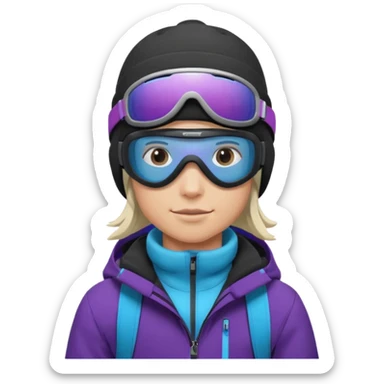 Pro Snowboarder with white and grey beanie, purple and blue frameless goggles on and a black jacket sticker
