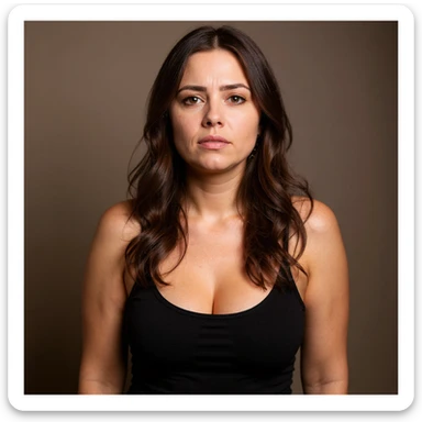 Create a hyperrealistic version inspired by the reference photo of a woman with significant cellulite, visible face showing a desperate and tired expression, identical pose to the photo, extremely detailed skin, realistic texture, natural shadows, and a neutral background. sticker