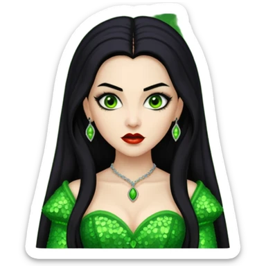 Verona, Bride of Dracula from Van Helsing with long black hair, lime green sequin outfit sticker